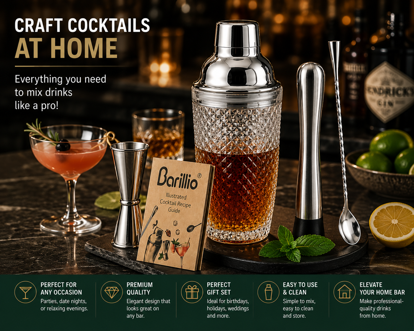 Barillio Glass Cocktail Shaker Set – 14 oz Bartender Kit with Jigger, Mixing Spoon & Muddler