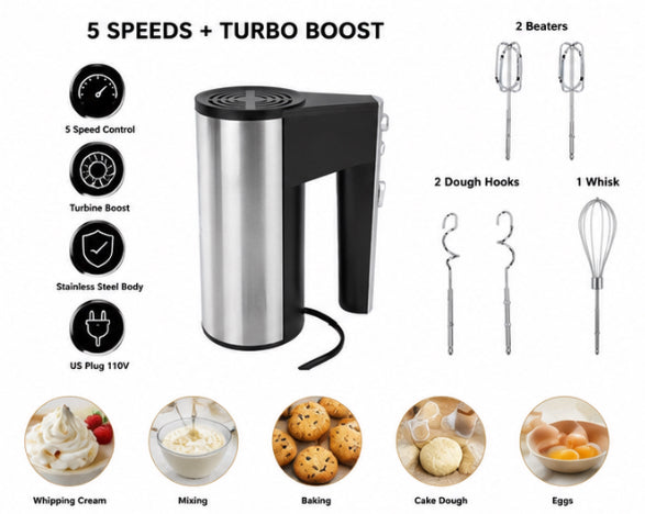 TINANA 500W 5-Speed Electric Hand Mixer with Turbo Boost & Stainless Steel Beaters