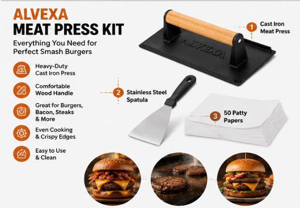 Alvexa Cast Iron Smash Burger Press Kit with Spatula & 50 Patty Papers