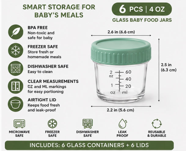 Drkio 6-Pack 4 oz Glass Baby Food Storage Containers with Lids