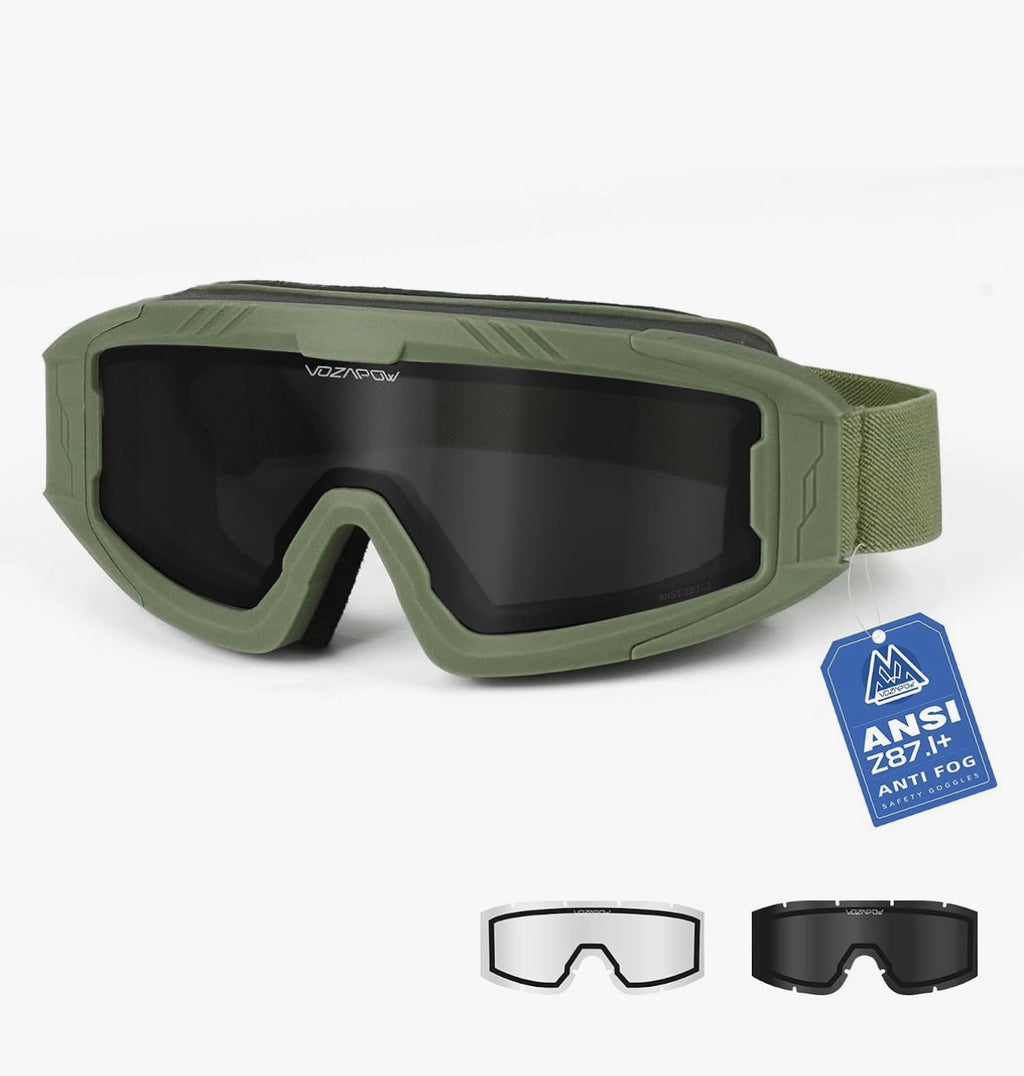 VOZAPOW Anti-Fog Tactical Safety Goggles with Case & Accessories – Green