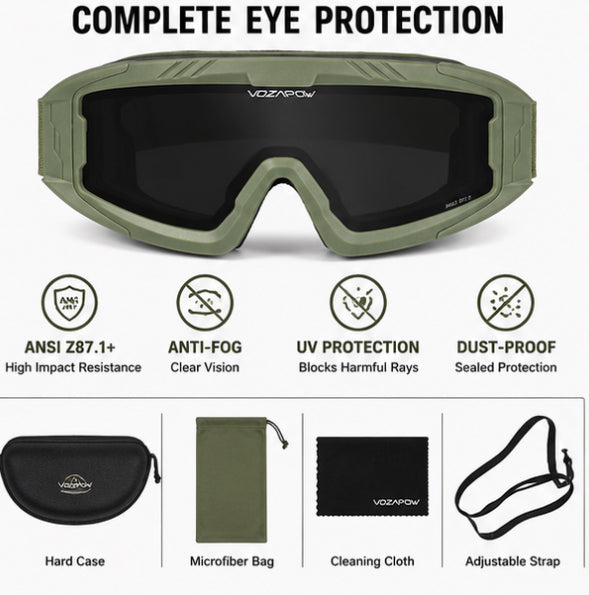 VOZAPOW Anti-Fog Tactical Safety Goggles with Case & Accessories – Green