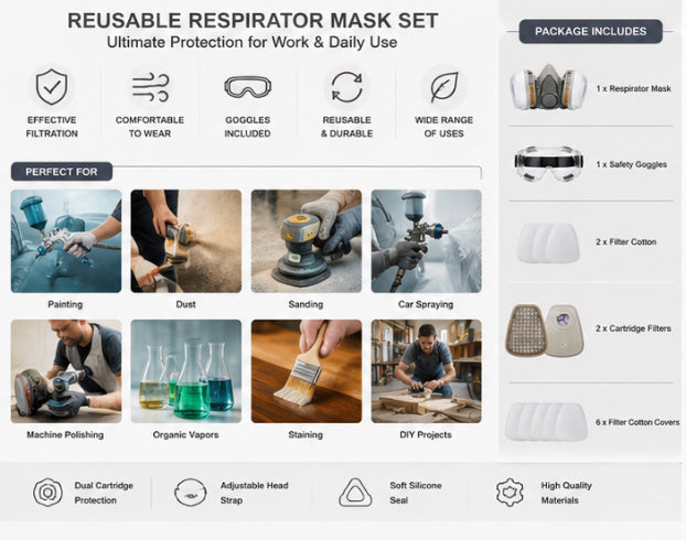 Reusable Respirator Mask Set with Safety Goggles & Filters for Painting, Sanding & DIY
