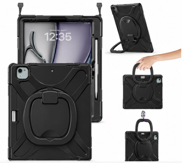 BRAECN Rugged iPad Case with 360° Kickstand, Handle & Shoulder Strap – Black