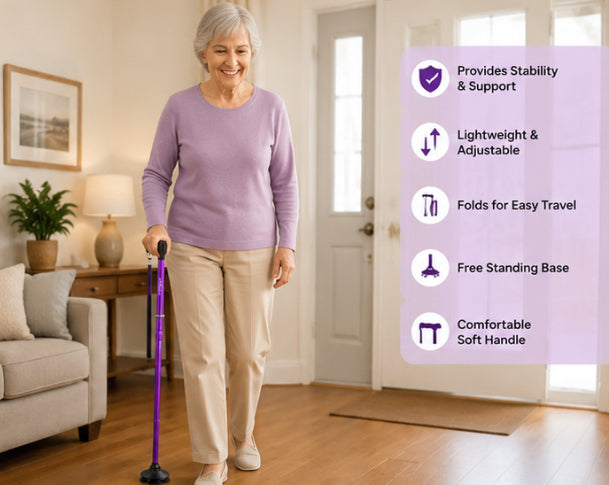 Rehaescort Folding Adjustable Walking Cane with Pivot Tip & Travel Bag – Purple