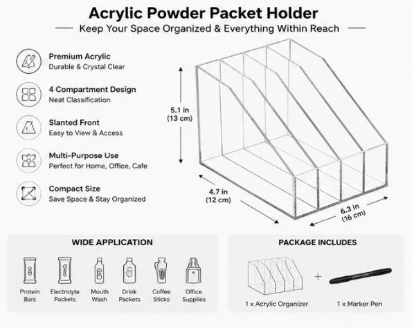 SEVENY Acrylic Powder Packet Holder & Drink Packet Organizer - Clear 4-Compartment Storage Rack
