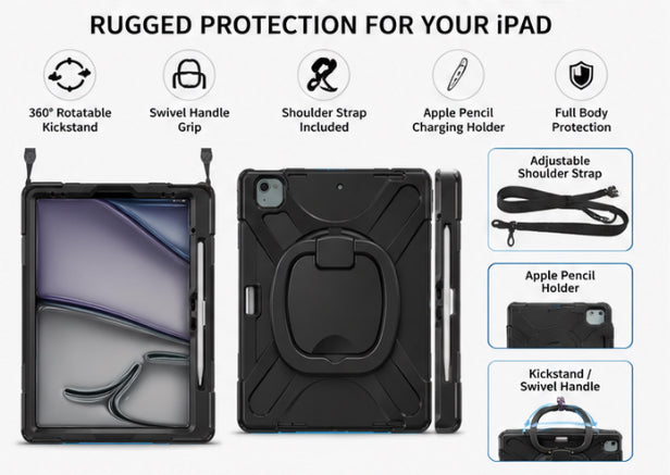 BRAECN Rugged iPad Case with 360° Kickstand, Handle & Shoulder Strap – Black