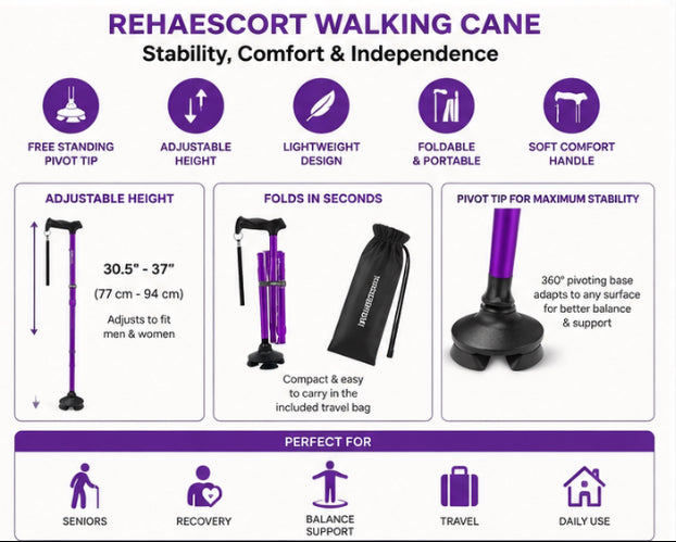 Rehaescort Folding Adjustable Walking Cane with Pivot Tip & Travel Bag – Purple