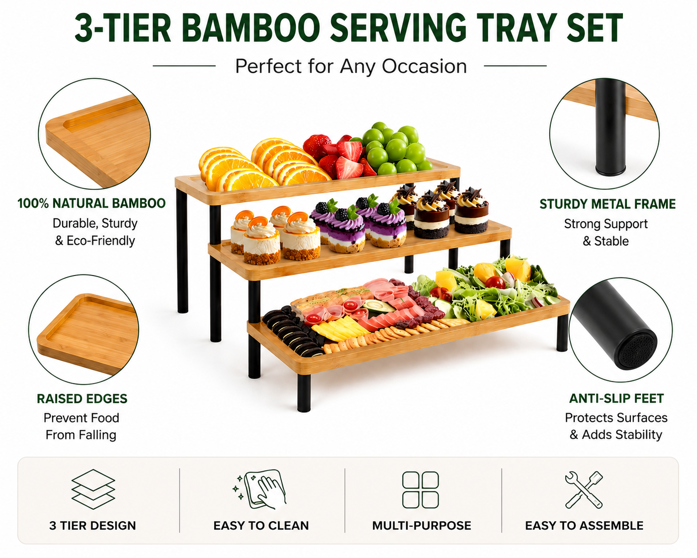 3-Tier Bamboo Serving Tray Set – 17” Party Display Stand