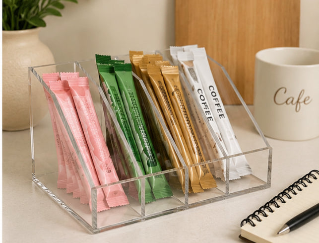 SEVENY Acrylic Powder Packet Holder & Drink Packet Organizer - Clear 4-Compartment Storage Rack