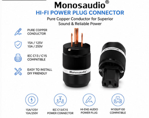 Monosaudio HiFi Pure Copper Power Plug Set (Pair) – 15A/125V IEC C13/C15 Audio Connector M100/F100