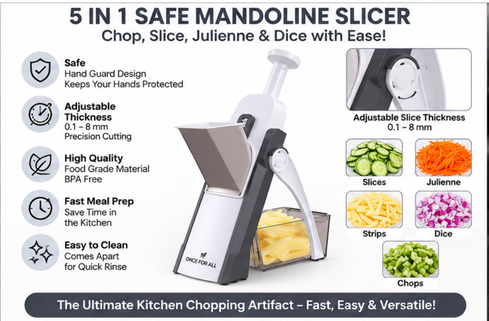 ONCE FOR ALL Mandoline Slicer – 5-in-1 Vegetable Chopper & Adjustable Food Slicer