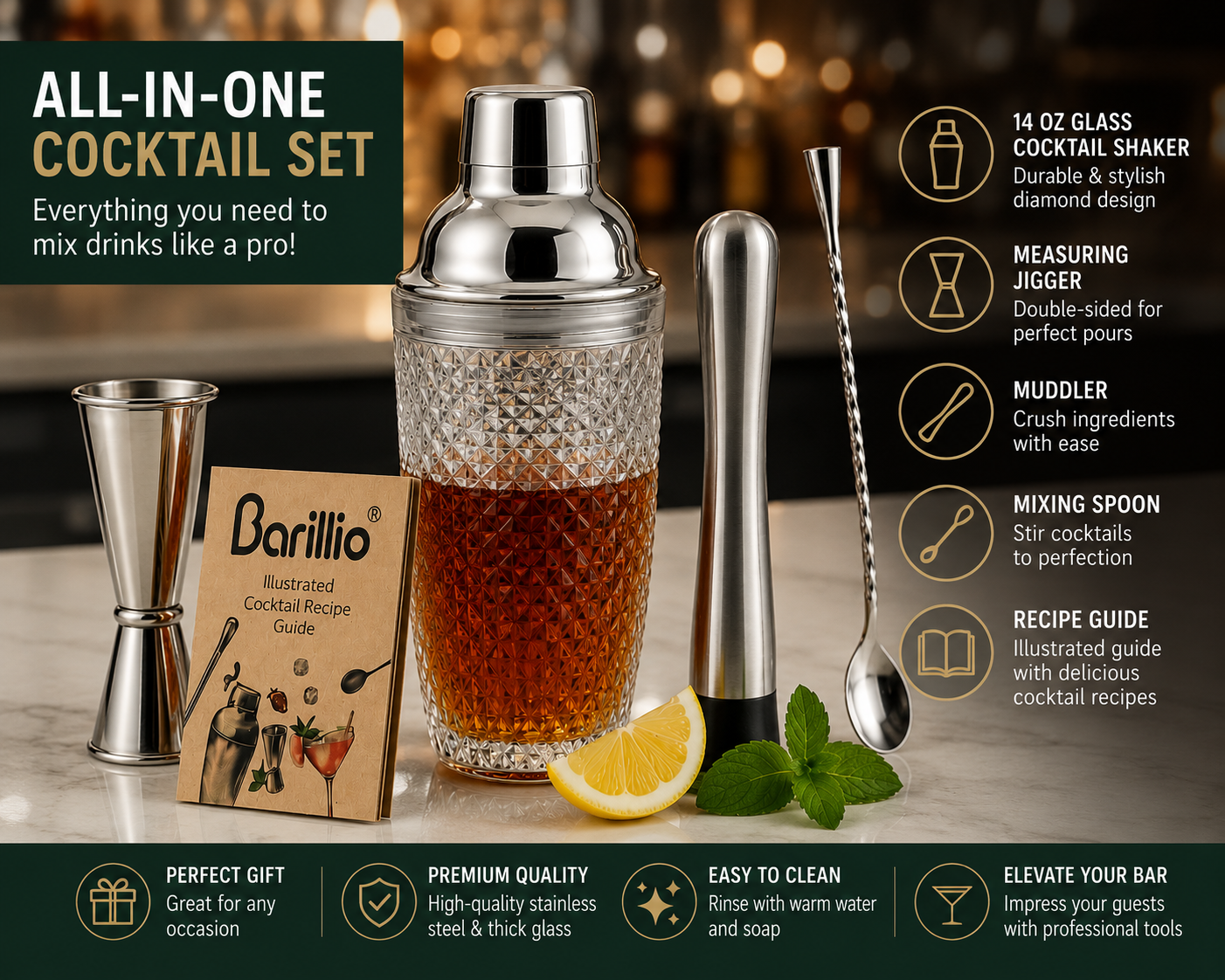 Barillio Glass Cocktail Shaker Set – 14 oz Bartender Kit with Jigger, Mixing Spoon & Muddler