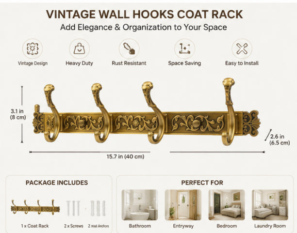 Vintage Wall Mounted Coat Rack with 5 Heavy Duty Hooks – Antique Brass