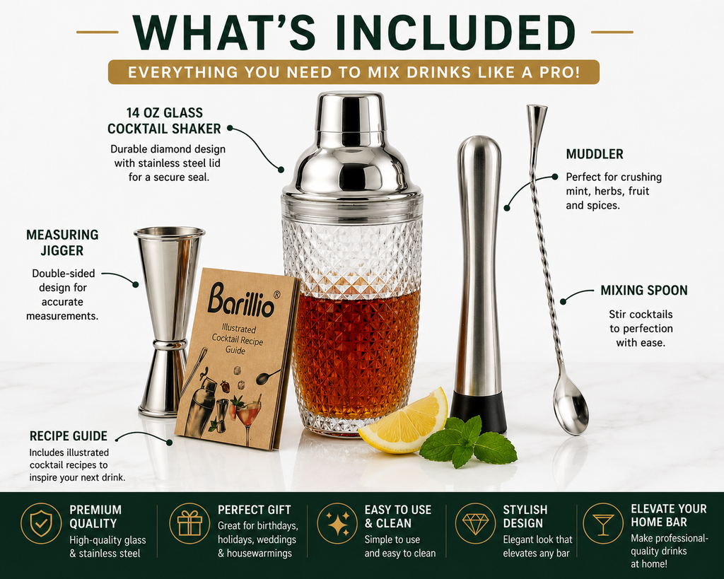 Barillio Glass Cocktail Shaker Set – 14 oz Bartender Kit with Jigger, Mixing Spoon & Muddler