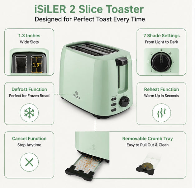 iSiLER 2-Slice Toaster with 7 Shade Settings & Removable Crumb Tray